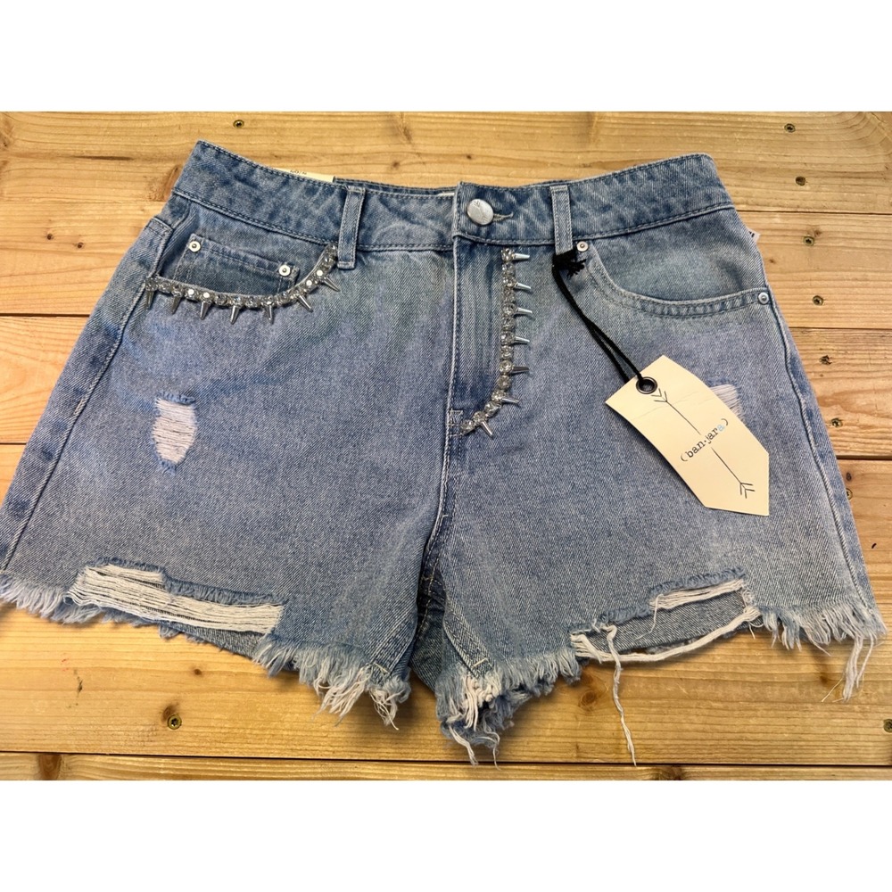 Banjara Women Relaxed Fit Distressed Denim Shorts Spike Rhinestone Blue Sz 7/27